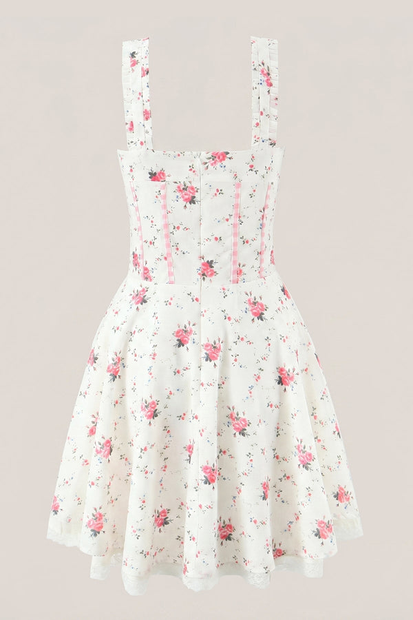 White Warm Rose Print Cotton Mini Dress - SHE IS ME Dresses