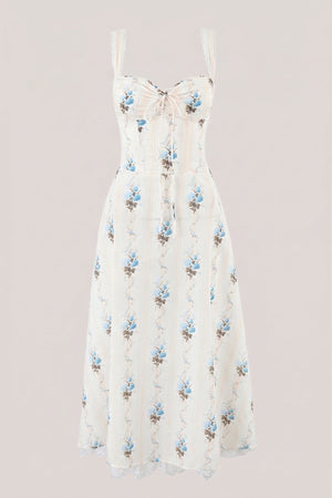 White Warm Rose Print Cotton Ruffled Midi Dress - SHE IS ME Dresses