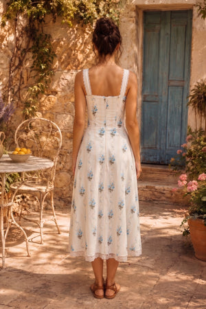 White Warm Rose Print Cotton Ruffled Midi Dress - SHE IS ME Dresses