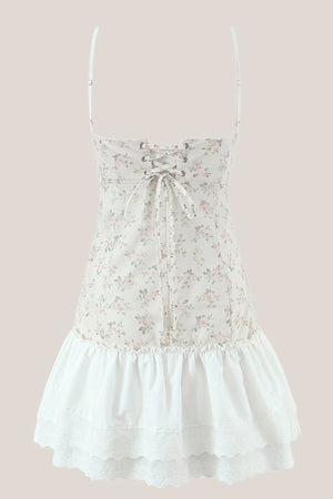White Warm Rose Print Cotton Ruffled Mini Dress - SHE IS ME Dresses
