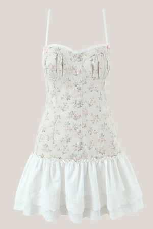 White Warm Rose Print Cotton Ruffled Mini Dress - SHE IS ME Dresses