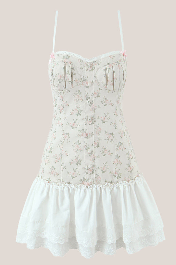 White Warm Rose Print Cotton Ruffled Mini Dress - SHE IS ME Dresses