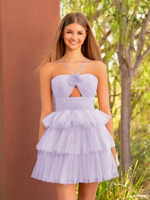 Lavender A Line Tulle Keyhole Halter Short Homecoming Dress with Ruffles - SHEISME