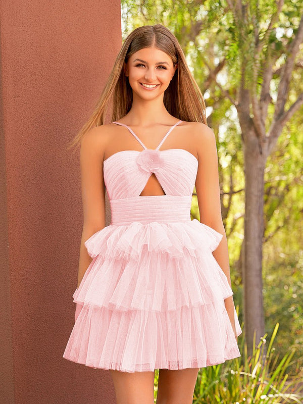 Pink A Line Tulle Keyhole Halter Short Homecoming Dress with Ruffles - SHEISME