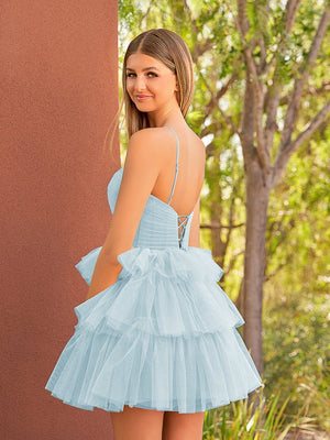 Sky Blue A Line Tulle Keyhole Halter Short Homecoming Dress with Ruffles - SHEISME