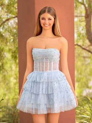 Sky Blue A-Line Strapless Scoop Tiered Sleeveless Short Homecoming Dress - SHEISME