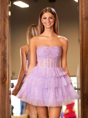 Lilac A-Line Strapless Scoop Tiered Sleeveless Short Homecoming Dress - SHEISME