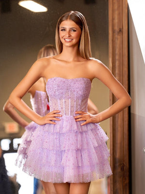 Lilac A-Line Strapless Scoop Tiered Sleeveless Short Homecoming Dress - SHEISME