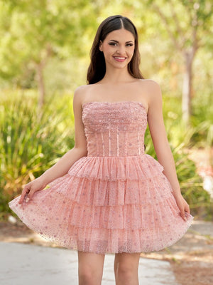 Pink A-Line Strapless Scoop Tiered Sleeveless Short Homecoming Dress - SHEISME