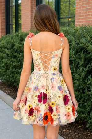 Yellow A Line Floral Short Homecoming Dress With 3D Flowers (2) | SHEISME
