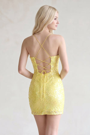Yellow Bodycon Deep V Neck Sequins Mini Homecoming Dresses (2) | SHEISME