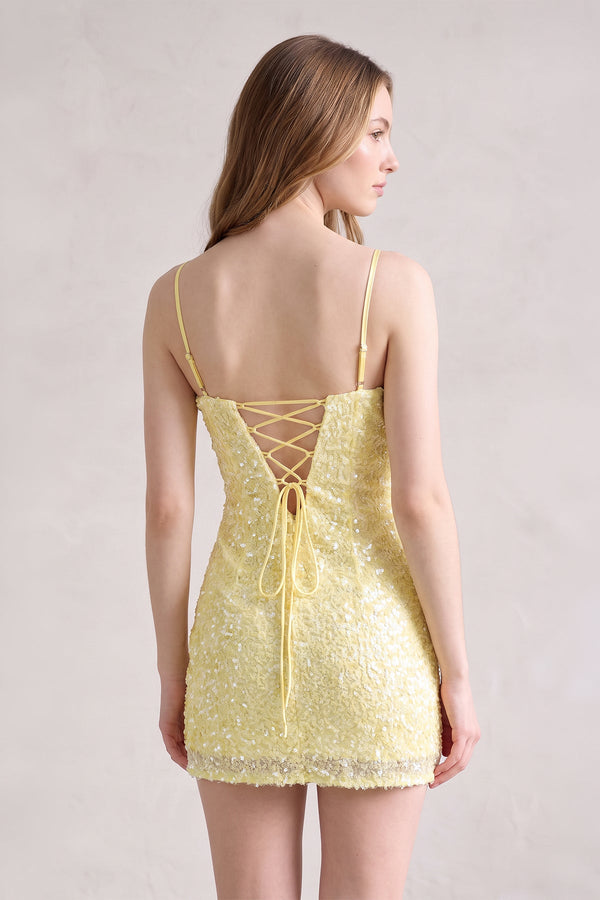 Yellow Bodycon Spaghetti Straps Short Homecoming Dress With Sequins (4) | SHEISME