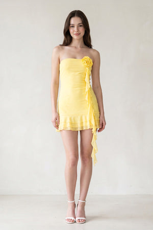 Yellow Chiffon 3D Flower Homecoming Dress With Ribbon - SHEISME