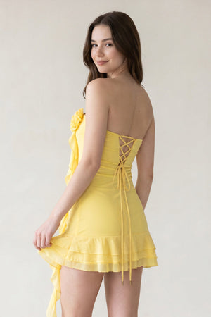 Yellow Chiffon 3D Flower Homecoming Dress With Ribbon - SHEISME