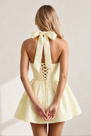 Yellow Halter Jacquard Ruched A-Line Homecoming Dress - SHEISME