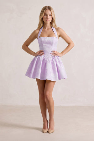 Lavender Halter Jacquard Ruched A-Line Homecoming Dress | SHEISME