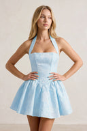 Sky Blue Halter Jacquard Ruched A-Line Homecoming Dress | SHEISME