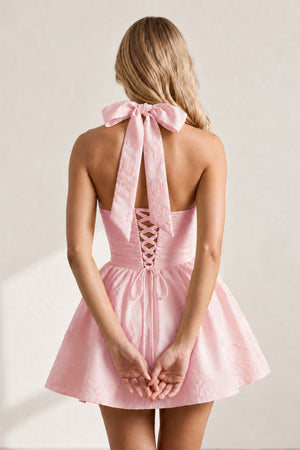 Pink Halter Jacquard Ruched A-Line Homecoming Dress | SHEISME