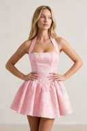 Pink Halter Jacquard Ruched A-Line Homecoming Dress | SHEISME