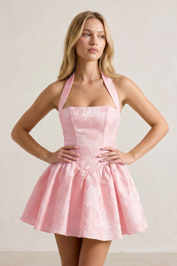 Pink Halter Jacquard Ruched A-Line Homecoming Dress | SHEISME