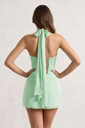 Mint Green Halter Sheath Satin Chiffon Homecoming Dress (4) | SHEISME