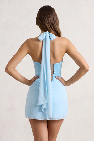 Sky Blue Halter Sheath Satin Chiffon Homecoming Dress - SHEISME