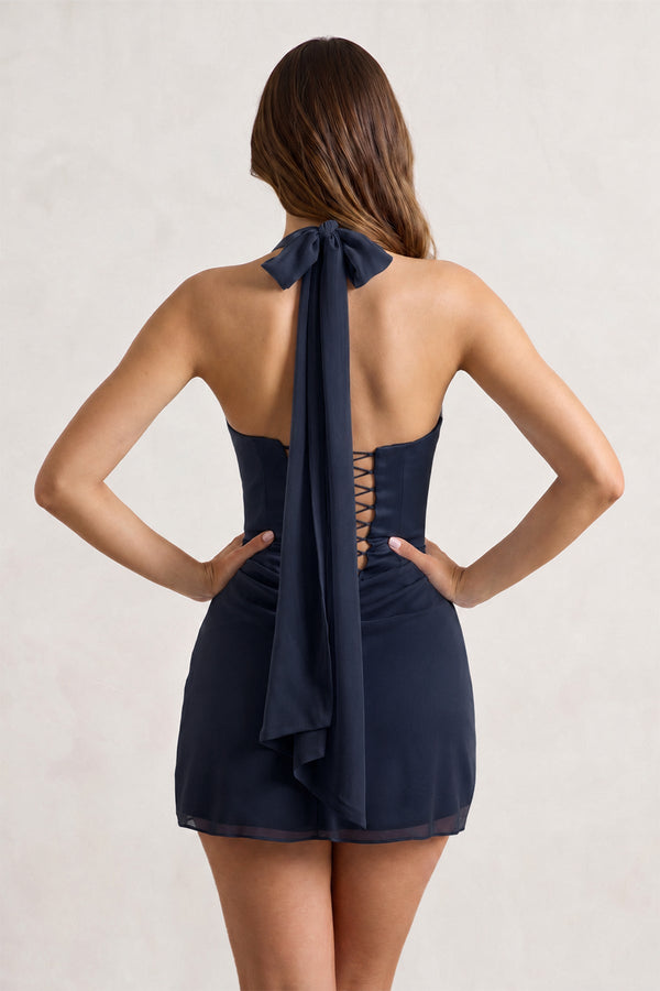 Navy Blue Halter Sheath Satin Chiffon Homecoming Dress | SHEISME