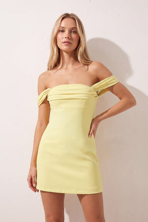 Yellow Off the Shoulder Linen Sheath Homecoming Dress with Lace Up Back (3) | SHEISME