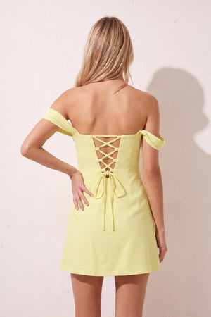 Yellow Off the Shoulder Linen Sheath Homecoming Dress with Lace Up Back (4) | SHEISME