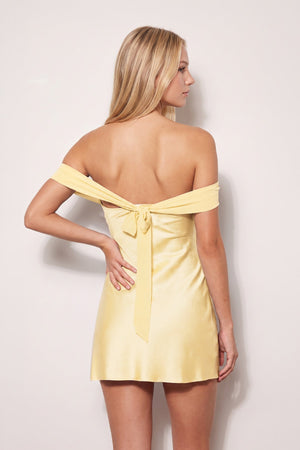 Yellow Off the Shoulder Sheath Satin Mini Homecoming Dress (4) | SHEISME