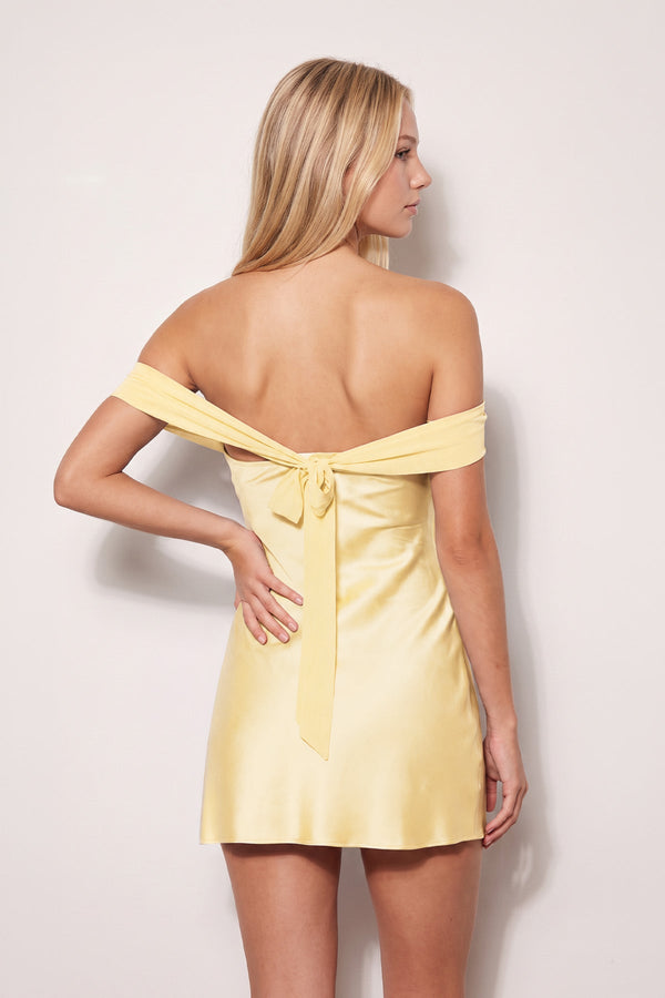 Yellow Off the Shoulder Sheath Satin Mini Homecoming Dress (4) | SHEISME