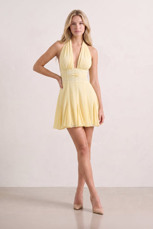 Yellow Plunge A-Line Linen Ruffled Homecoming Dress with Bow (3) | SHEISME