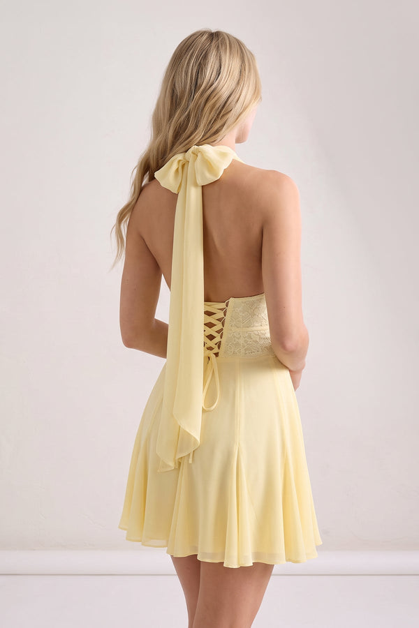 Yellow Plunge A-Line Linen Ruffled Homecoming Dress with Bow (2) | SHEISME