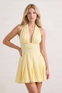 Yellow Plunge A-Line Linen Ruffled Homecoming Dress with Bow | SHEISME