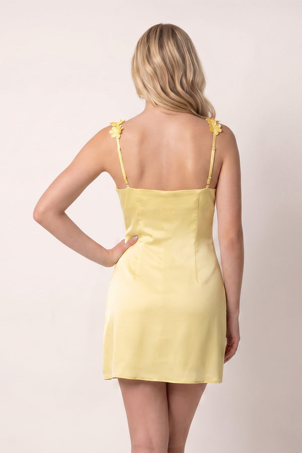 Yellow Sheath Satin V Neck Short Homecoming Dresses with Flower Straps (2) | SHEISME