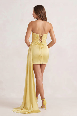 Yellow Sheath Strapless Satin Short Homecoming Dress with Train - SHEISME