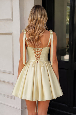 Yellow Spaghetti Straps Satin Pleated A-Line Homecoming Dress with Bow (2) | SHEISME