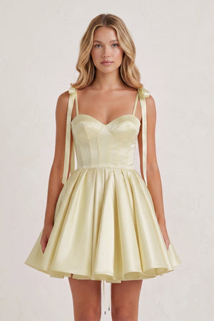 Yellow Spaghetti Straps Satin Pleated A-Line Homecoming Dress with Bow (3) | SHEISME