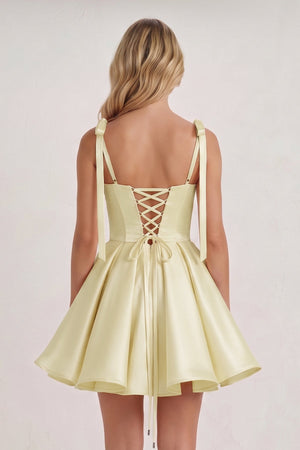Yellow Spaghetti Straps Satin Pleated A-Line Homecoming Dress with Bow (4) | SHEISME