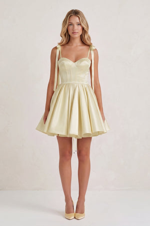 Yellow Spaghetti Straps Satin Pleated A-Line Homecoming Dress with Bow (5) | SHEISME
