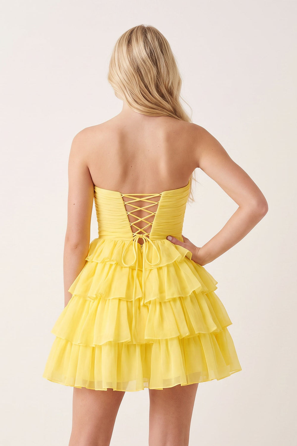 Yellow Strapless A Line Chiffon Ruffled Cocktail Dresses With Bow