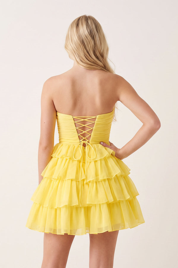 Yellow Strapless A Line Chiffon Ruffled Cocktail Dresses With Bow (2) | SHEISME