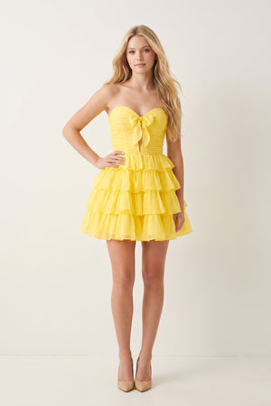 Yellow Strapless A Line Chiffon Ruffled Cocktail Dresses With Bow (3) | SHEISME