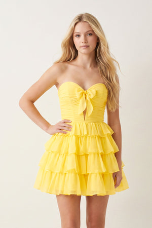 Yellow Strapless A Line Chiffon Ruffled Cocktail Dresses With Bow | SHEISME