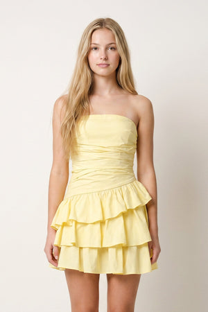 Yellow Strapless A Line Satin Ruffles Short Homecoming Dresses (3) | SHEISME