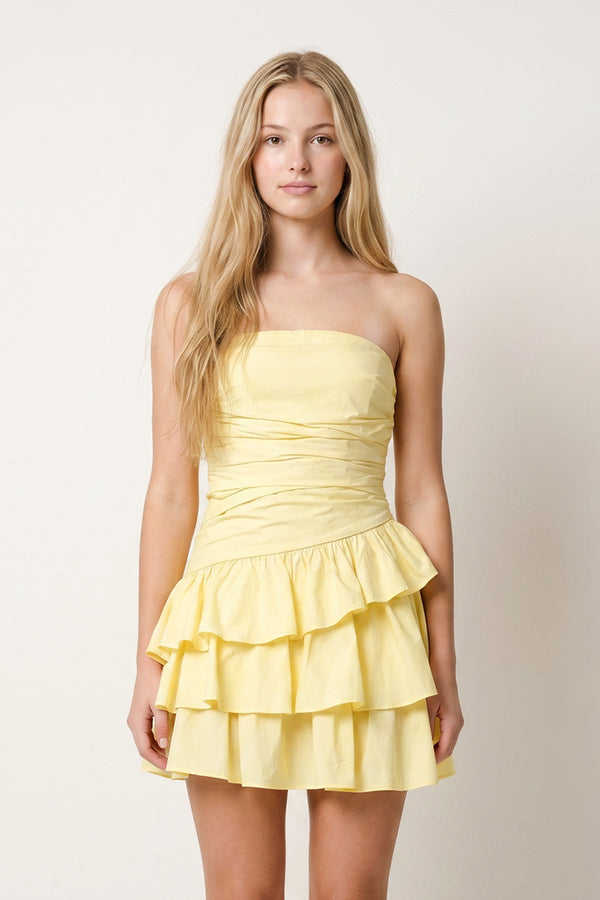 Yellow Strapless A Line Satin Ruffles Short Homecoming Dresses (3) | SHEISME