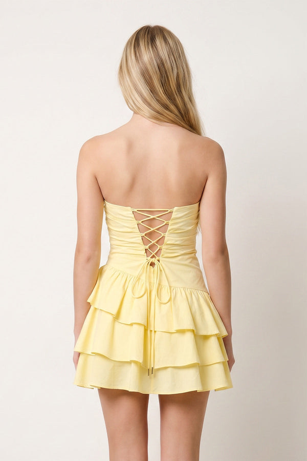 Yellow Strapless A Line Satin Ruffles Short Homecoming Dresses (4) | SHEISME
