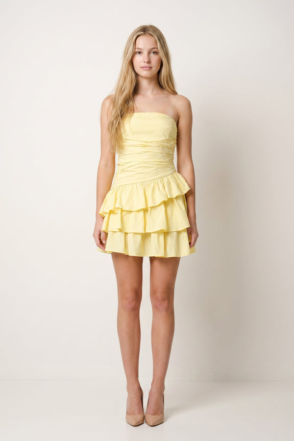 Yellow Strapless A Line Satin Ruffles Short Homecoming Dresses (5) | SHEISME