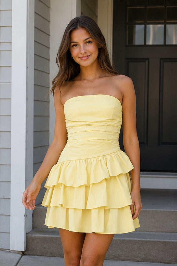 Yellow Strapless A Line Satin Ruffles Short Homecoming Dresses | SHEISME