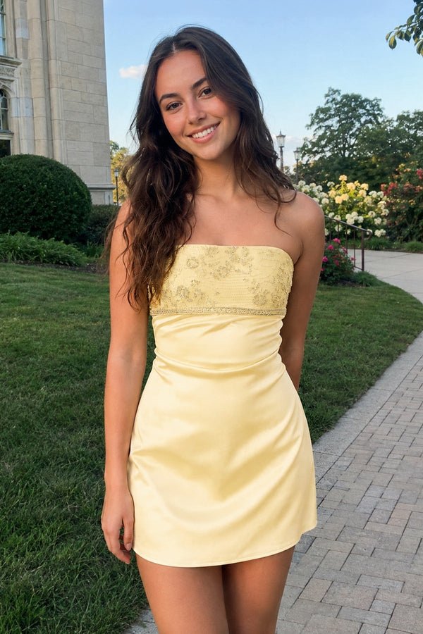 Yellow Strapless Appliqued Satin Sheath Homecoming Dress | SHEISME